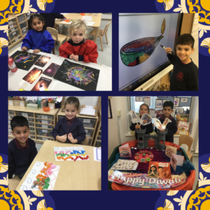 On a vibrant blue background is a collage of four images. in the corners of the square is a yellow and gold patterned emblem representative of Diwali. The four images show Reception pupils creating artistic firework drawings and celebrating Diwali.